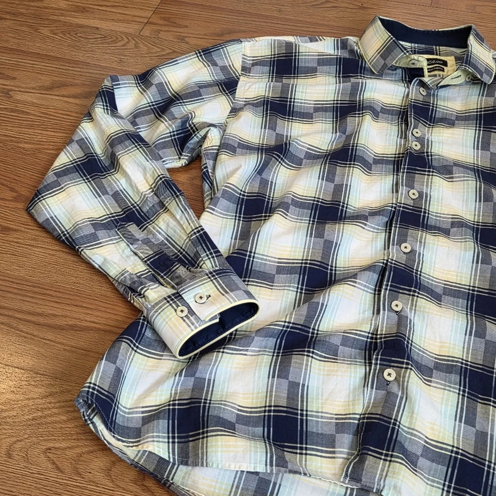 Maceoo Long Sleeve Button Down Shirt Mens L Yellow Italian Plaid Geometric Print - Picture 2 of 14